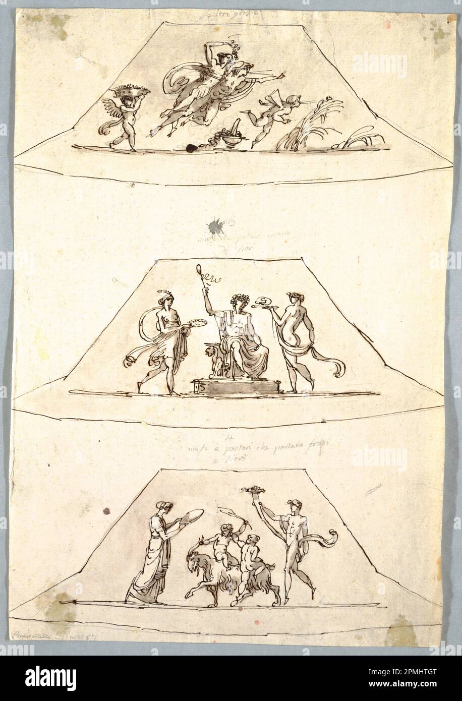 Zeichnen, Dekorationsprojekt: Drei Trapezoiden mit Flora und Zefiro; entworfen von Felice Giani (Italienisch, 1758–1823); Italien; Stift und Tinte auf cremefarbenem Papier; 38,9 x 26,6 cm (15 5/16 x 10 1/2 Zoll) Stockfoto