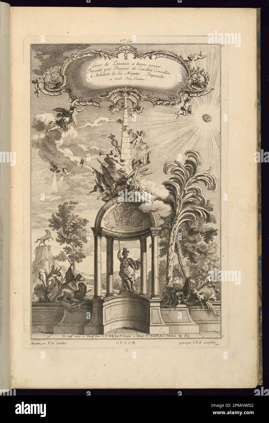 Print, Design for Panels with Tempietto with Minerva, gekrönt von einem Obelisken und Victory; entworfen von Francois de Cuvilliés the Elder (Belgien, aktives Deutschland, 1695 - 1768); graviert von Karl Albert von Lespilliez (1723 - 1796); Veröffentlicht von Nicolas Jean Baptiste de Poilly (Frankreich, 1712 - ca. 1758); Deutschland; Ätzen und Gravieren auf cremefarbenem, liegendem Papier; Platemark: 36 x 23,8 cm (14 3/16 x 9 3/8 Zoll) Blatt: 44 x 28,6 cm (17 5/16 x 11 1/4 Zoll) Stockfoto