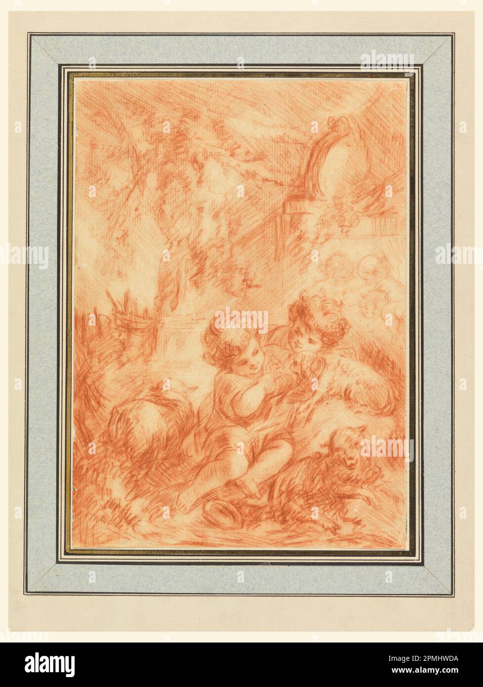 Zeichnung, zwei Kinder; nach Francois Boucher (Französisch, 1703–1770); Frankreich; rote Kreide auf cremefarbenem Papier; 26,7 x 18,9 cm (10 1/2 x 7 7/16 Zoll); Bequest von Erskine Hewitt; 1938-57-211 Stockfoto