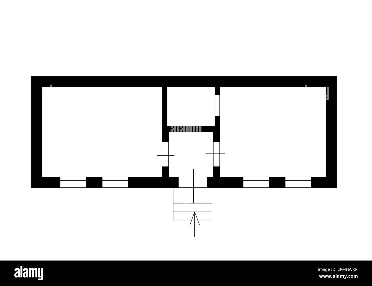 Grundriss. Apartmentplan mit Bauelementen. Hausprojekt. 2D. Grundriss. Schwarz-weißer Grundriss. 2D. Grundriss Stockfoto
