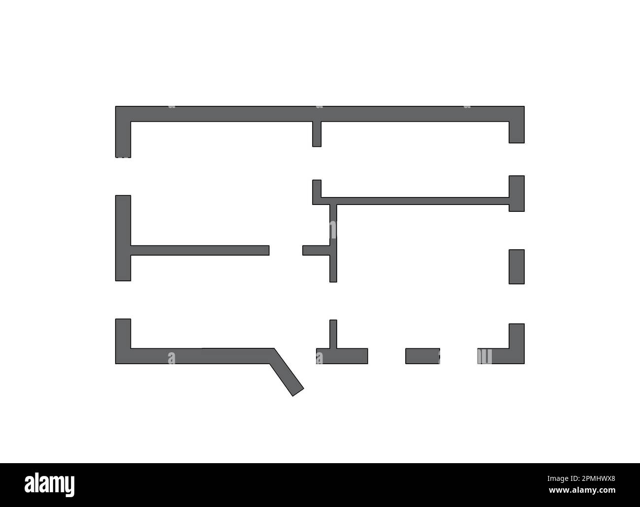 2D Grundriss schwarz weiß Grundriss Grundriss Grundriss Skizze Stock Illustration. Grundriss von Hand skizzieren. Zeichnung eines Wohnungsflachbodens Stockfoto