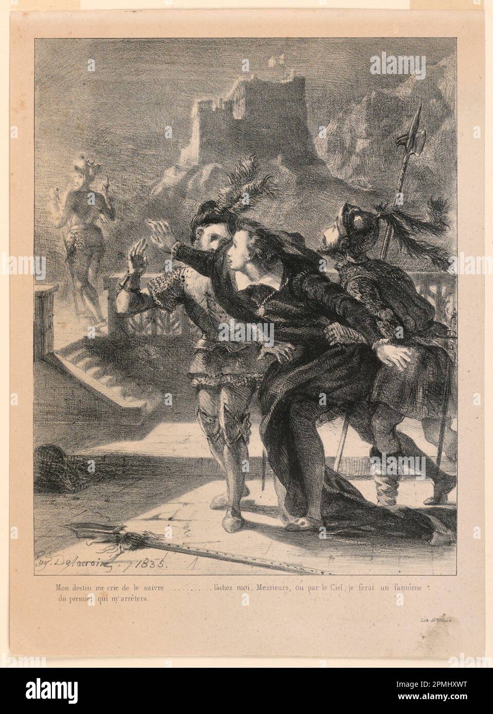 Print, Illustration for Hamlet: Hamlet versucht, dem Geist seines Vaters zu folgen (I,4); Frankreich; Lithograf auf Papier; 31,1 x 22,9 cm (12 1/4 Zoll X 9 Zoll); 1896-31-101 Stockfoto