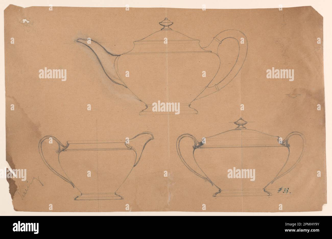 Arbeitszeichnung, Teesets; George E Germer (1868–1936); Bleistift. Braunes Papier; 28,9 x 45,3 cm (11 3/8 x 17 13/16 Zoll); 1939-84-42-A Stockfoto