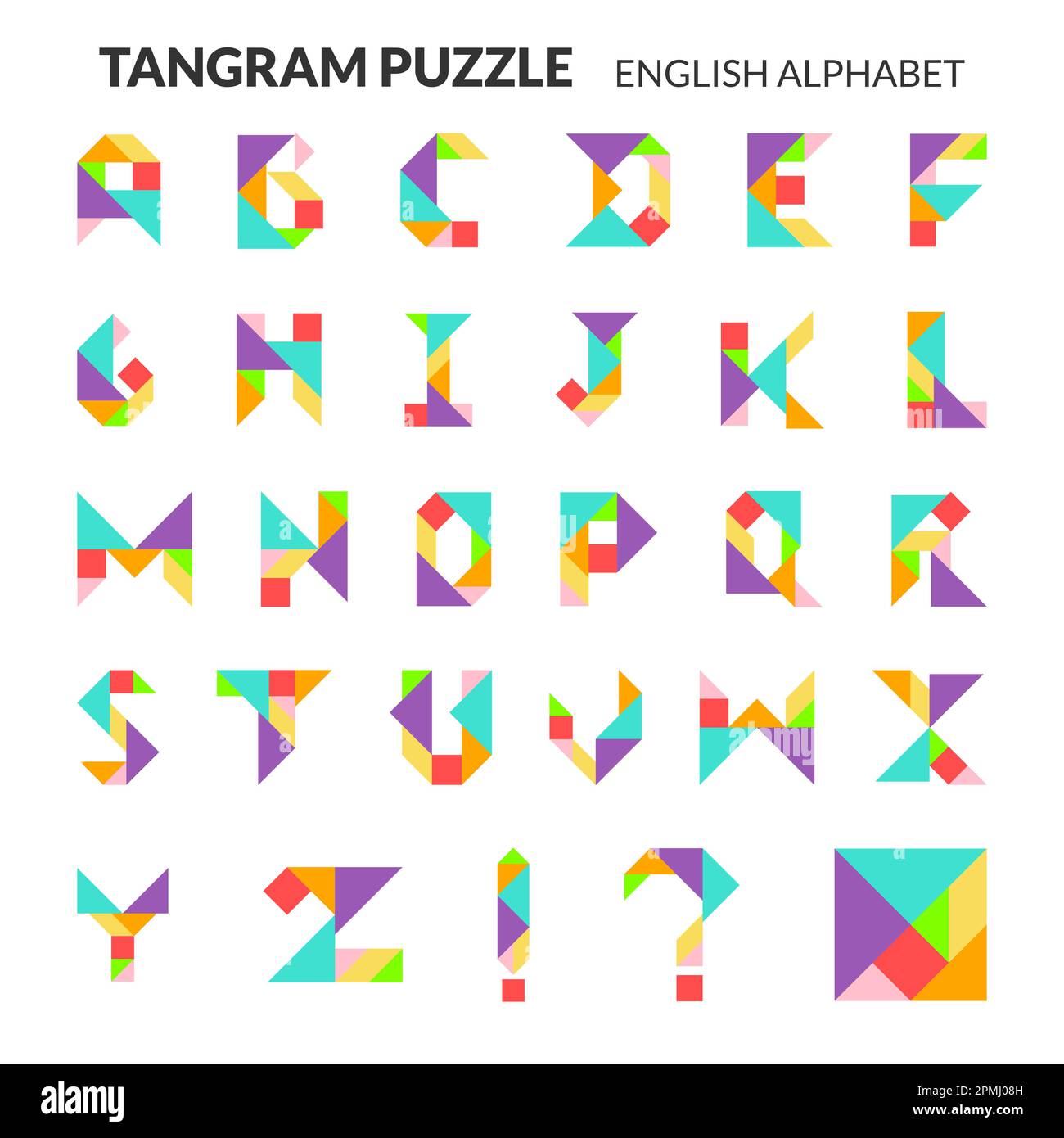 Tangram-Puzzle-Spiel. Vektorsatz für englisches Alphabet. Stock Vektor