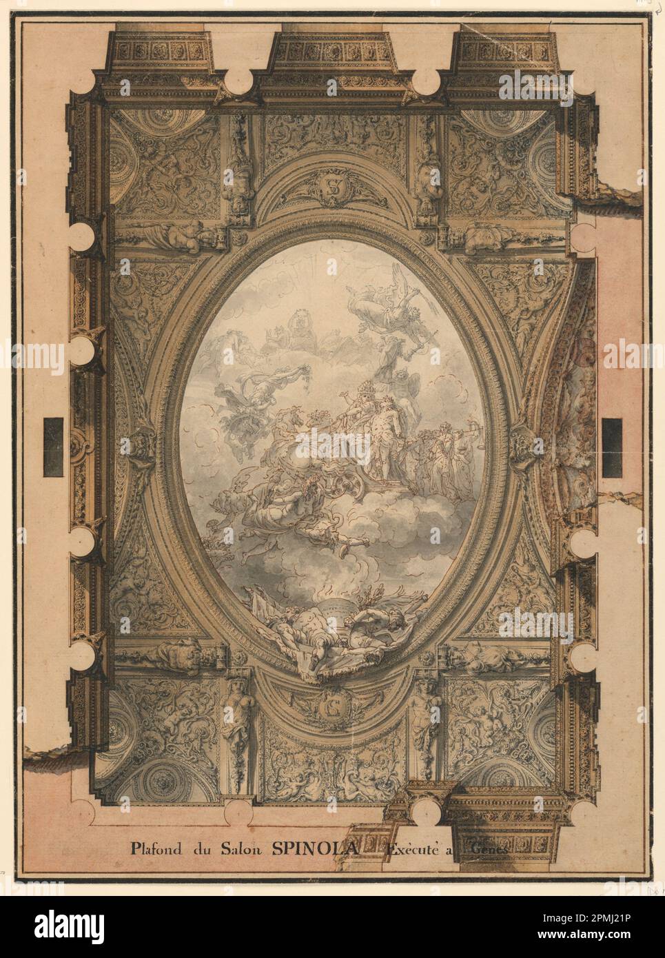 Zeichnung, Design für die Decke des Salons des Palazzo Spinola, Genua; nach Charles de Wailly (Französisch, 1730–1798); Frankreich; Stift und schwarze Tinte, Bürste und Aquarell auf weißem Papier; 43,3 x 31,5 cm (17 1/16 x 12 3/8 Zoll) Stockfoto