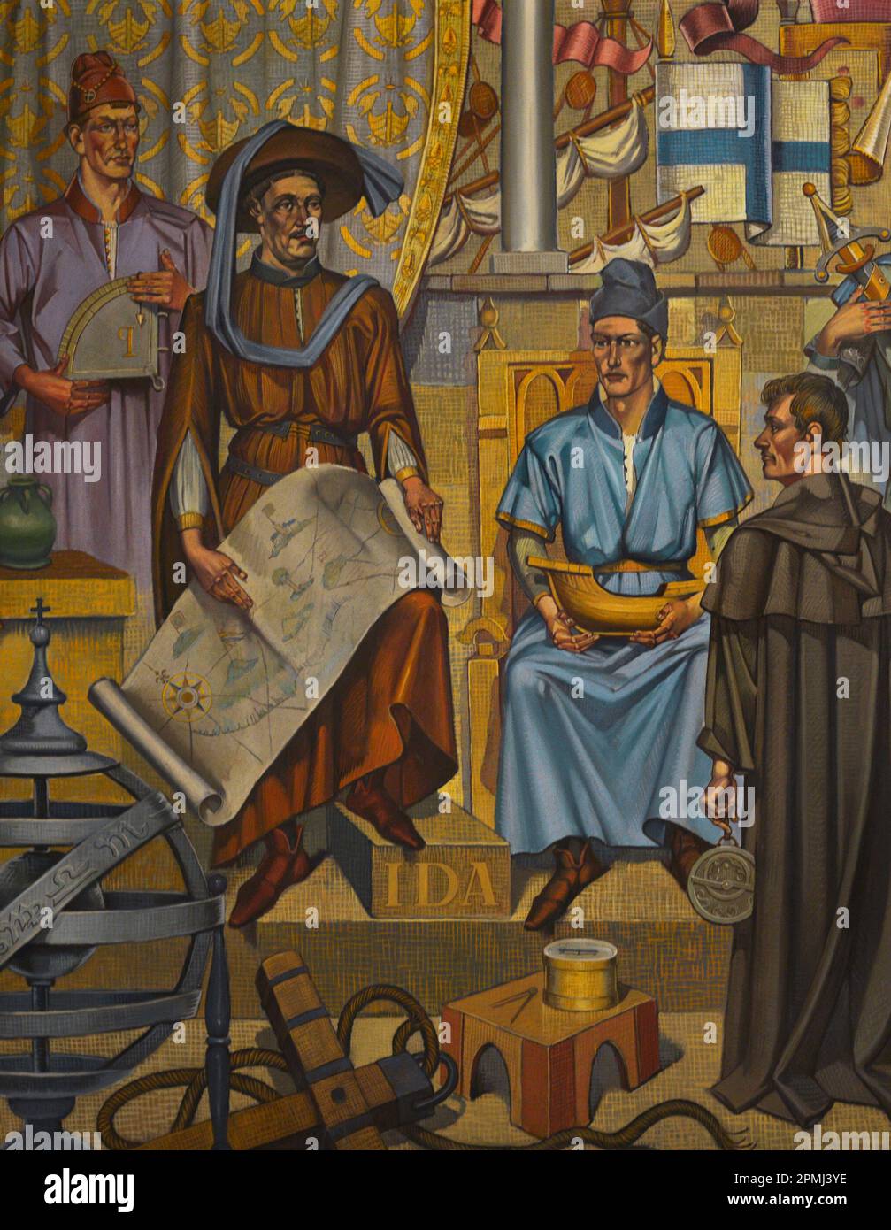 Die Geschichte Portugals. "Allegorie der Sagres-Schule". Der Mythos der „Schule der Weisen“ wurde Jahrzehnte nach dem Tod des Infanten Heinrich (1394-1460) entworfen. Obwohl sie nie wirklich existierte, sollte sie als eine Gruppe von Einzelpersonen verstanden werden, die sich ausschließlich zum Zweck der Meeresforschung versammelt haben. Er hat eine Schiffskarte in der Hand, Henry der Navigator. Gemälde des portugiesischen Künstlers Severo Portela Júnior (1898-1985), 1970. Detail. Schifffahrtsmuseum. Lissabon, Portugal. Autor: Severo Portela Junior (1898-1985). Portugiesischer Maler. Stockfoto