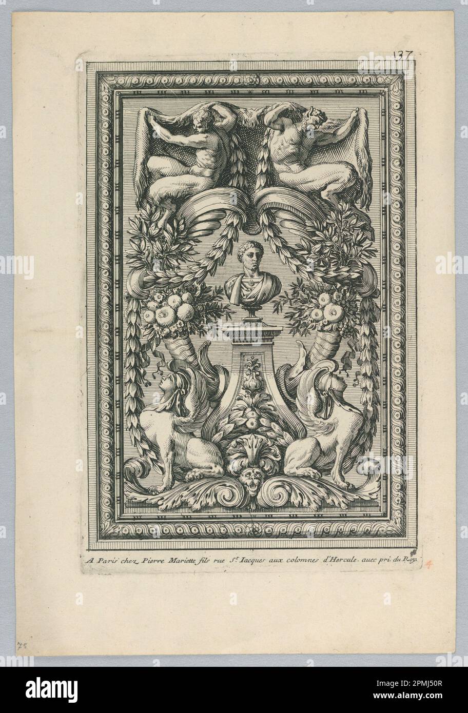 Print, Blatt aus dem Set, Ornemens de Peaneaux pour... Lambris'; Print Maker: Jean Le Pautre (Französisch, 1618–1682); Ätzen auf Papier; Platte: 22,3 x 14,7 cm (8 3/4 x 5 13/16 Zoll) Papier: 27,6 x 19 cm (10 7/8 x 7 1/2 Zoll) Stockfoto