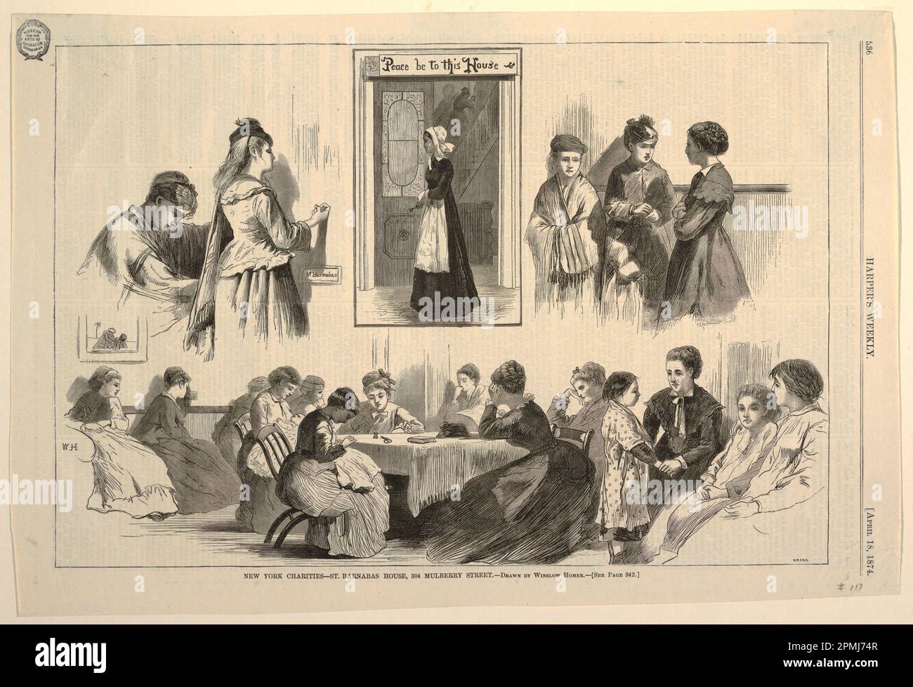 Print, New York Wohltätigkeitsorganisation - St. Barnabas House, 304 Mulberry Street; After Winslow Homer (amerikanisch, 1836–1910); Gravur: Bross; USA; Holzgravur in schwarzer Tinte auf Papier; 26,7 x 39,5 cm (10 1/2 x 15 9/16 Zoll) Stockfoto