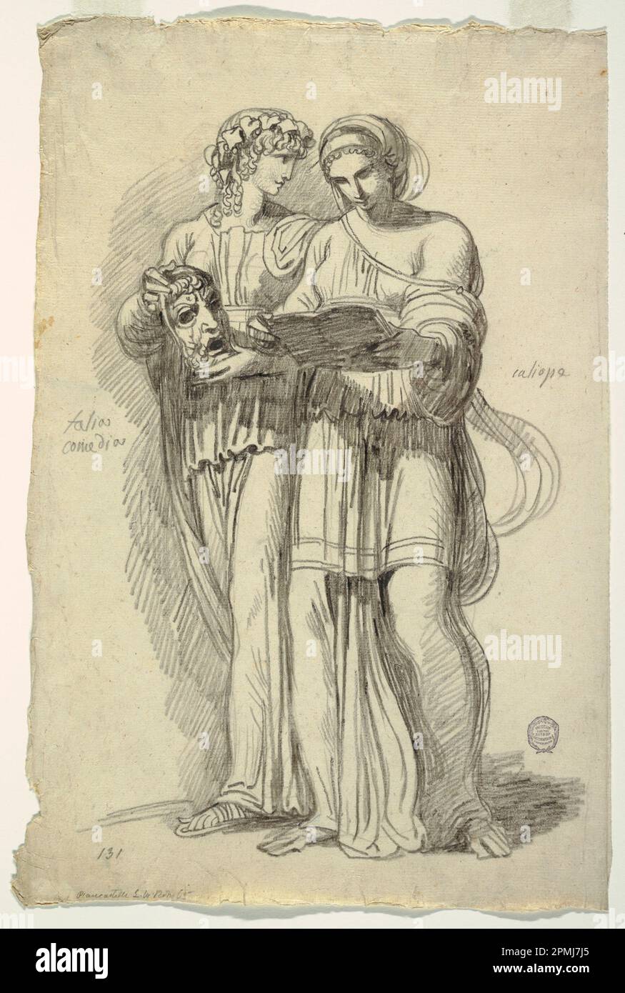 Zeichnung, Thalia, Muse of Comedy und Calliope, Muse of Epic Poetry; entworfen von Felice Giani (Italienisch, 1758–1823); Italien; schwarze Kreide auf Laienpapier Stockfoto