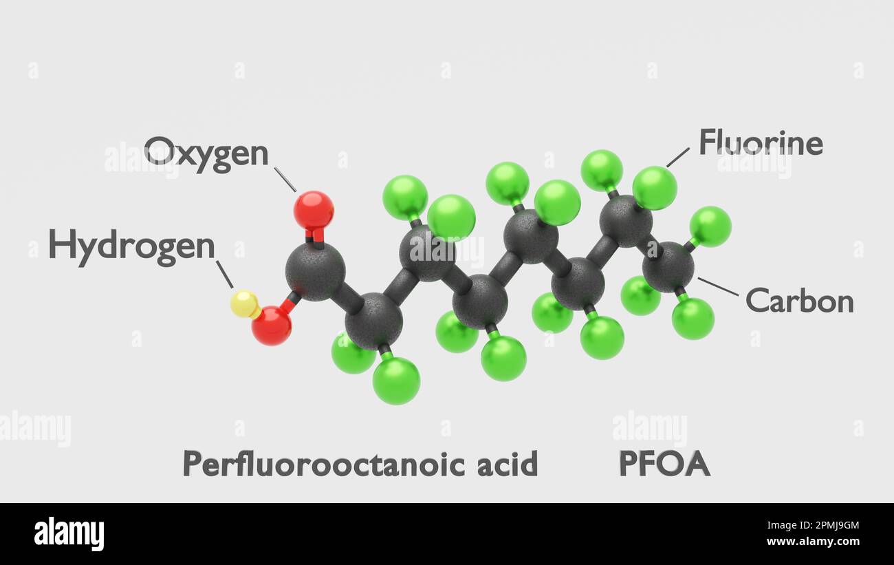 Perfluoroctansäure PFOA - C8HF15O2 - 3D Conformer, weißer Hintergrund Stockfoto