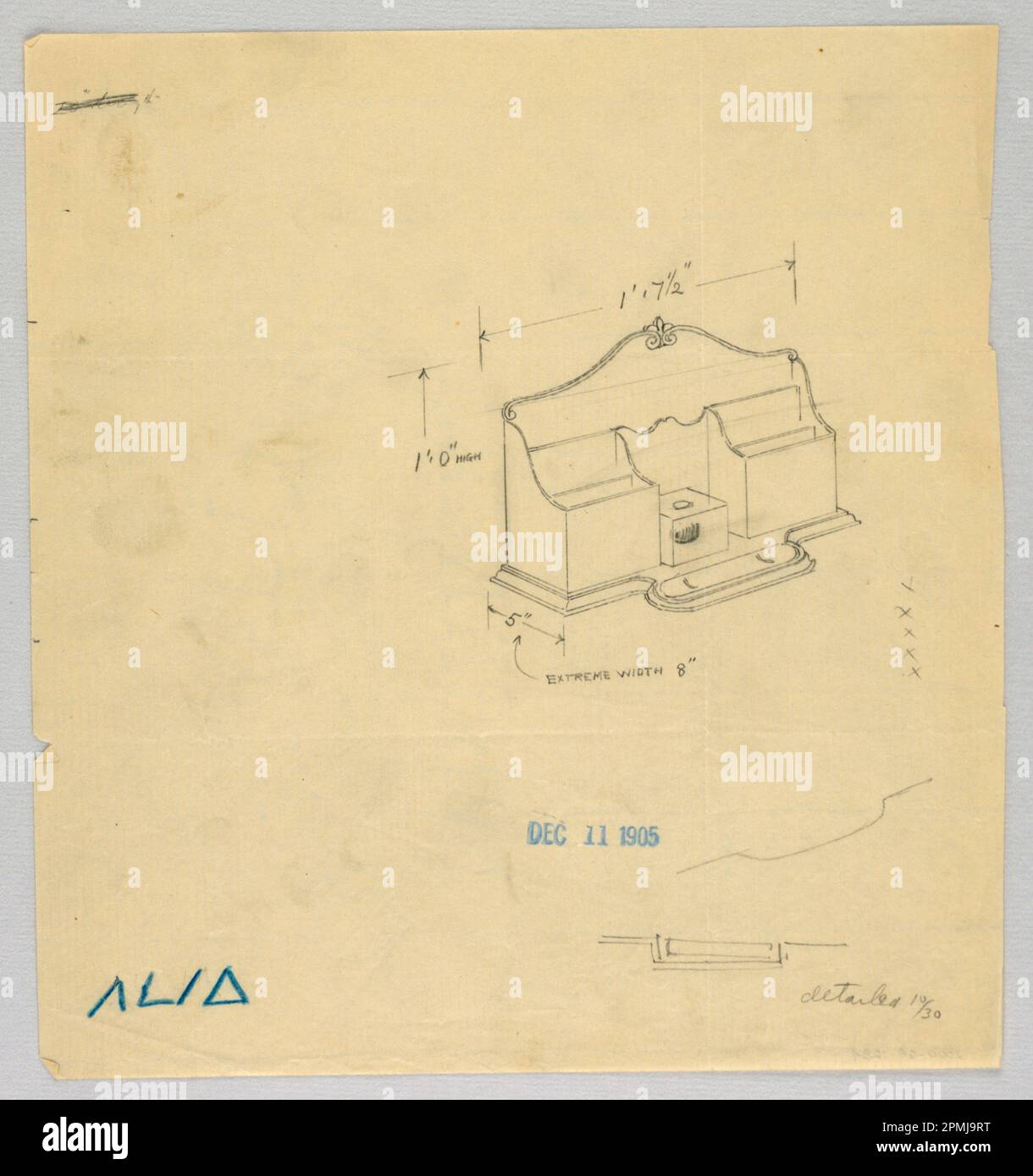 Drawing, Design for Plain Desk Organizer; entworfen von A.N. Davenport Co.; Graphit, blauer Bleistift auf dünnem cremefarbenen Papier; 21,6 x 20,0 cm (8 1/2 x 7 7/8 Zoll) Stockfoto