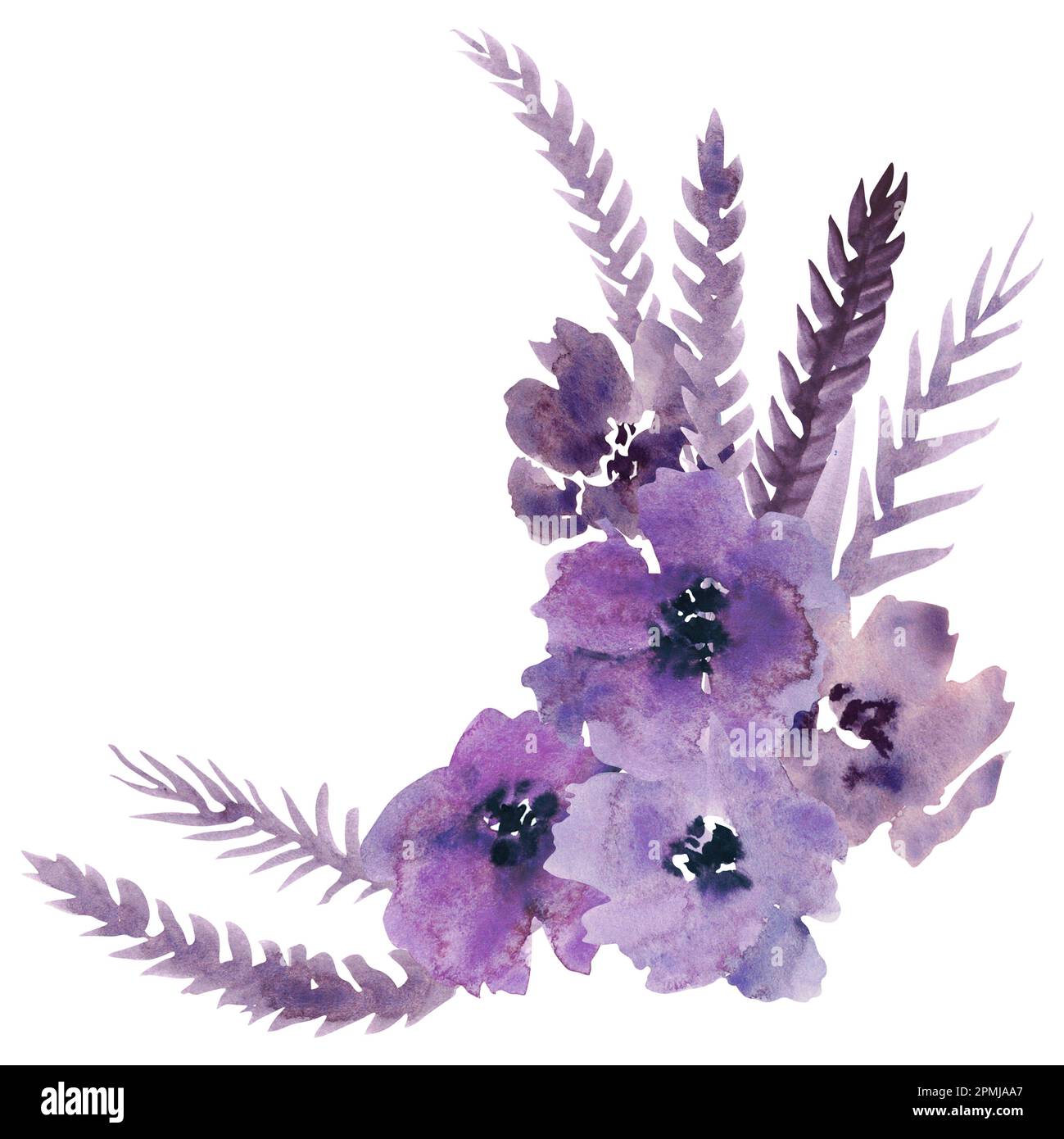 Aquarell violette Blumen zum Höhepunkt. Clip Art mit Blumendesign. Handgefertigte Illustration für Grußkarten, Tapete, Schreibwaren, Stoff, Hochzeitskarte. Blume Stockfoto