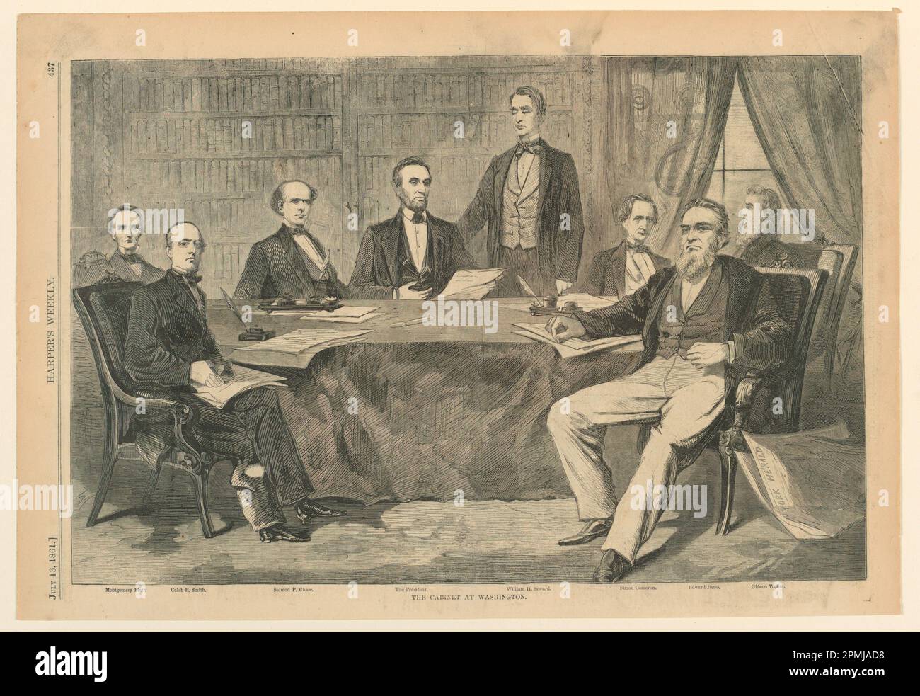 Printmedien, Präsident Lincoln und seine Kabinettsmitglieder in Washington, D.C., von Harper's Weekly, 13. Juli 1861, S. 437.; Unbekannt (amerikanisch); USA; Holzgravierung in schwarzer Tinte auf Zeitungsdruckpapier; Gesamt: 26,9 x 39,3 cm (10 9/16 x 15 1/2 Zoll) Stockfoto