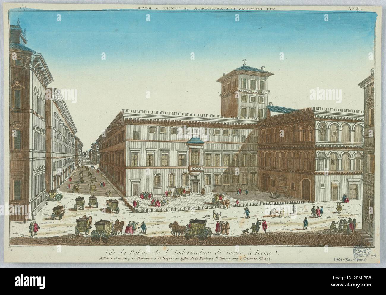 Printmedien, Peep-Show, Vue du Palais de l'Ambassadeur de Venise, A Rome, Nr. 89; Frankreich; Gravur in Tinte mit wäschigen Aquarellen auf Papier, auf Sammelbüchern befestigt; 28,3 x 41,1 cm (11 1/8 x 16 3/16 Zoll) Stockfoto