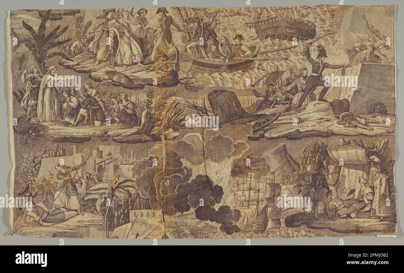 Fragment, Szenen aus dem Griechischen Unabhängigkeitskrieg; Frankreich; Baumwolle; Warp: 47cm (18 1/2in.) Schuss; 80cm (31 1/2in.); Bequest von Elinor Merrell; 1995-50-195 Stockfoto