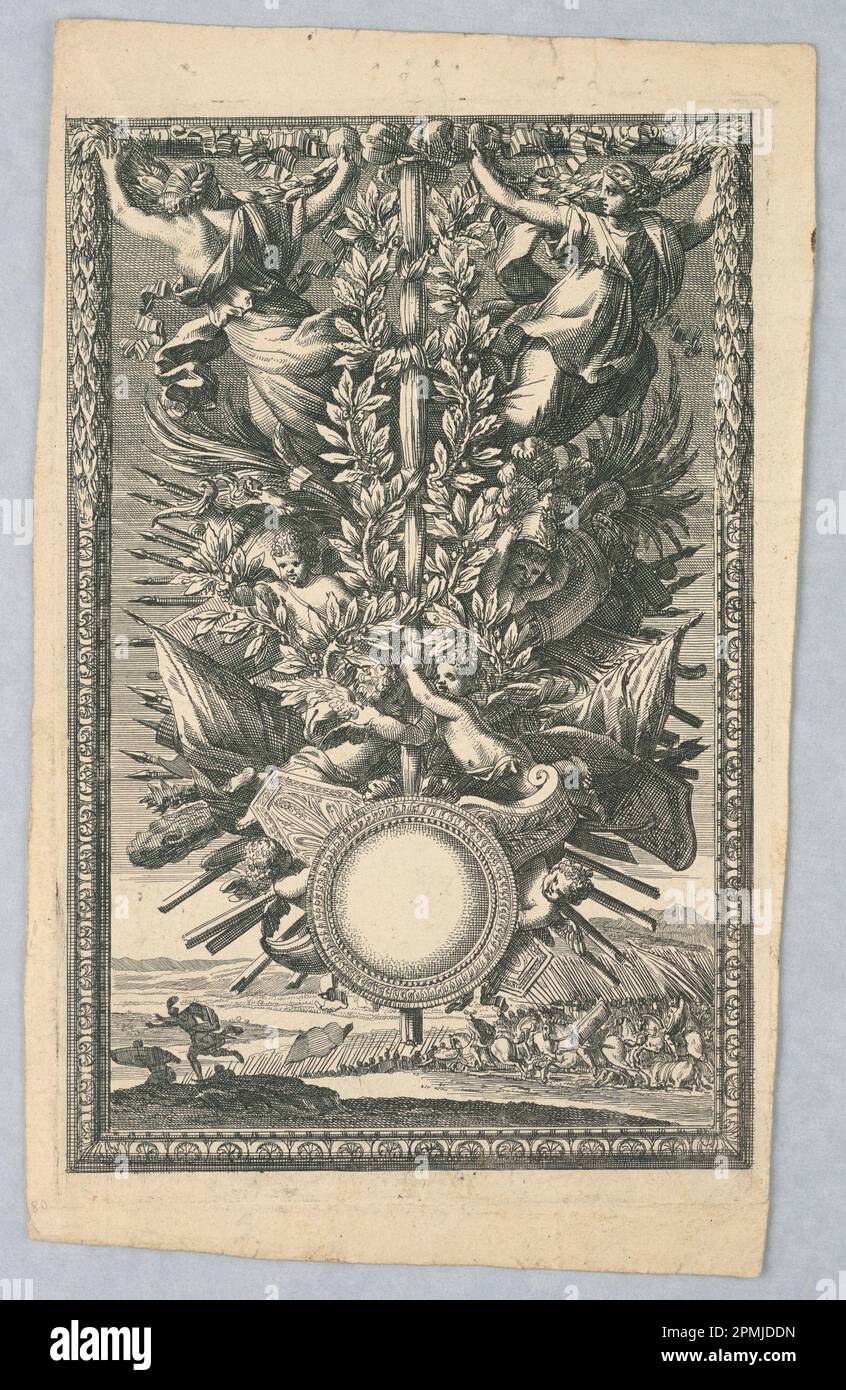 Printwerbung, Trophäe; Printwerber: Jean Le Pautre (Französisch, 1618–1682); Ätzen auf Papier; Platte: 24,9 x 16,1 cm (9 13/16 x 6 5/16 Zoll) Papier: 27,8 x 17,2 cm (10 15/16 x 6 3/4 Zoll) Stockfoto