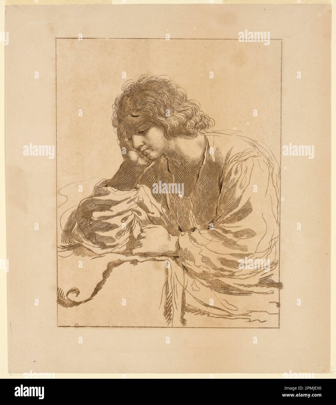 Print, A Young man in Meditation; After Giovanni Francesco Barbieri (genannt Guercino) (Italienisch, 1591-1666); Italien; Gravur in brauner Tinte auf weißem Papier; 1896-3-353 Stockfoto