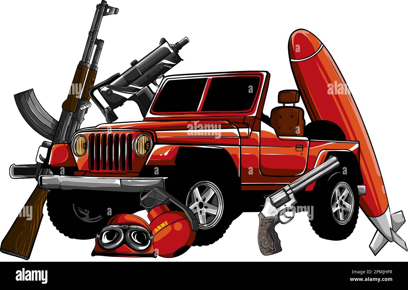 vektordarstellung eines Militärfahrzeugs mit montiertem Maschinengewehr auf weißem Hintergrund Stock Vektor