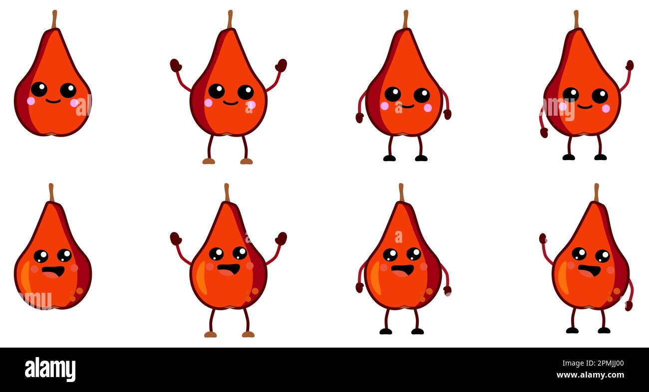 Süßes Kawaii-Stil rote Birnenfrucht Symbol, große Augen, lächelnd. Version mit erhobenen, abgesenkten und winkenden Händen Stock Vektor