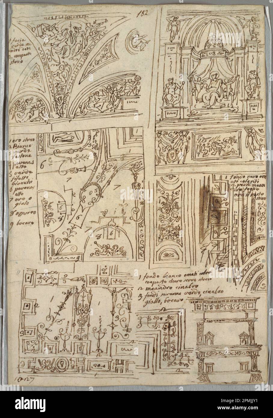 Zeichnung, Five Studies of ceiling with Grotesques; Madonna; Design von Felice Giani (Italienisch, 1758–1823); Italien; Stift und Tinte, Bürste und Aquarell lässt sich über Graphit auf cremefarbenem Papier waschen; 37 x 25,1 cm (14 9/16 x 9 7/8 Zoll) Stockfoto