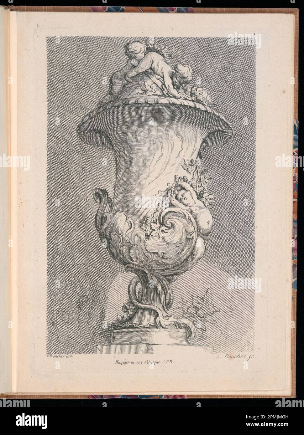 Gebundenes Muster, dekoratives Vase-Design; entworfen von Francois Boucher (Französisch, 1703-1770); Druckmaschine: A. Bouchet (Französisch, aktiv ca. 1730-1740); Veröffentlicht von Chez Le Pere et Avaulez, Frankreich; Ätzen auf cremefarbenem Papier Stockfoto