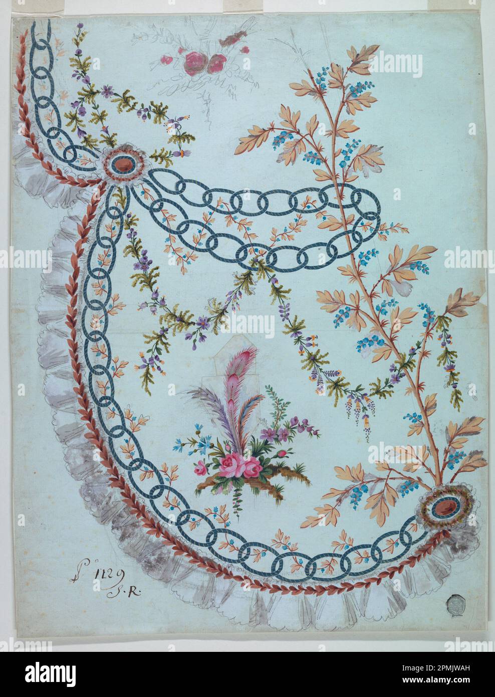 Zeichnung, Design für die Stickerei des unteren vorderen Teils eines Überzugs der „Fabrique de St.“ Ruf'; entwickelt von Fabrique de Saint Ruf; Frankreich; Graphit, Pinsel und Gouache, weiß oxidiert auf Papier; 59,8 x 45,8 cm (23 9/16 x 18 1/16 Zoll) Stockfoto