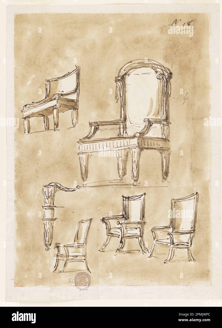 Zeichnung, Designs für Stühle; entworfen von Giuseppe Barberi (Italienisch, 1746–1809); Italien; Stift und braune Tinte, Bürste und braune Wäsche auf cremefarbenem Papier, gefüttert; 7,5 x 4,3 cm (2 15/16 x 1 11/16 Zoll) Stockfoto