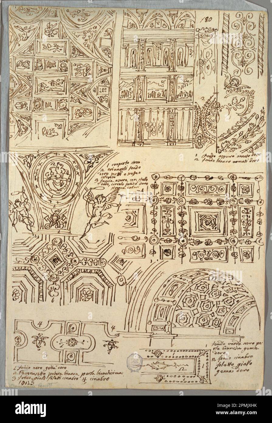 Zeichnung, Sieben Studien über quadrilaterale Decken; Verso: Zwei anatomische Studien über Waffen; entworfen von Felice Giani (Italienisch, 1758–1823); Italien; Stift und Tinte über Graphit auf liegendem Papier; 37 x 25,1 cm (14 9/16 x 9 7/8 Zoll) Stockfoto