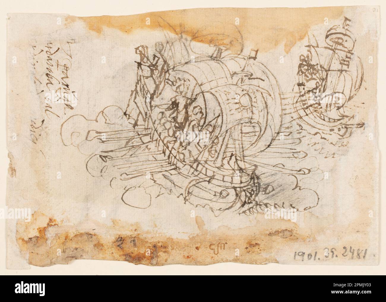 Zeichnung, die Hirschjagd von Kaiser Frederick i Barbarossa und Ubaldo Ubaldini; Jan van der Straet, genannt Stradanus (Flämisch, 1523–1605); graviert von Adriaen Collaert (Flämisch, ca. 1560-1618); Veröffentlicht von Philips Galle (Flämisch, 1537-1612); Niederlande; Stift und braune Tinte, Bürste und braunes Waschen, über schwarzer Kreide auf Papier; 10,5 x 15 cm (4 1/8 x 5 7/8 Zoll) Stockfoto