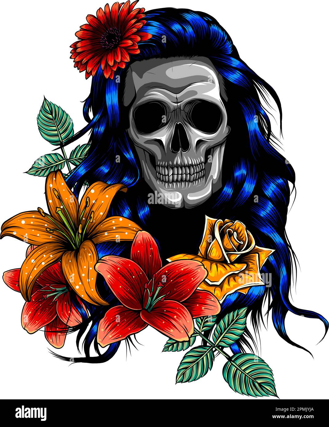 vektordarstellung von menschlichem Schädel und Blumenkranz auf weißem Hintergrund. Digitale Zeichnung Stock Vektor