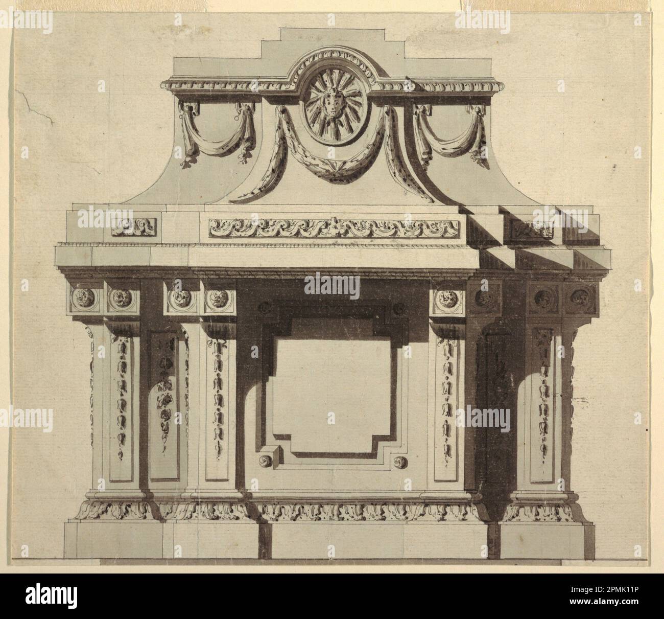 Zeichnung, Elevation of a Wall Monument; entworfen von Jean-Charles Delafosse (Französisch, 1734–1791); Frankreich; Stift und schwarze Tinte, Bürste und Waschmaschine, schwarze Kreide auf weißem Lagepapier; 24,9 x 28,7 cm (9 13/16 x 11 5/16 Zoll) Stockfoto