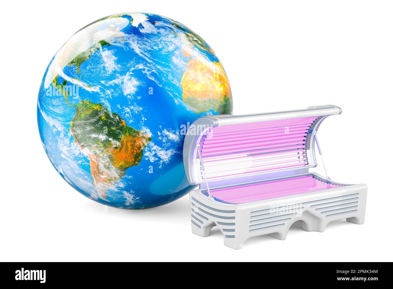 Sonnenbank mit Erdkugeln, 3D-Darstellung isoliert auf weißem Hintergrund Stockfoto