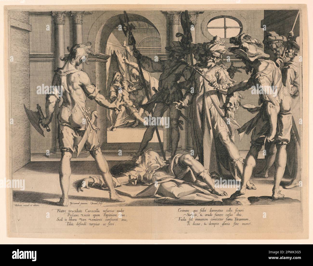 Print, The Enthaupading of the Roman Judge Papinian, Plate 5 from 'Thronus Justitiae', 1609; After Joachim Anthonisz Wtewael (Dutch, 1566 - 1638); hergestellt von Christoffel van Sichem I (Netherlands, Ca. 1546–1624); Druckmaschine: Willem van Swanenburg; Niederlande; Gravur auf liegendem Papier; 31,2 x 40,2 cm (12 5/16 x 15 13/16 Zoll) Bequest von George Campbell Cooper; 1896-3-114 Stockfoto