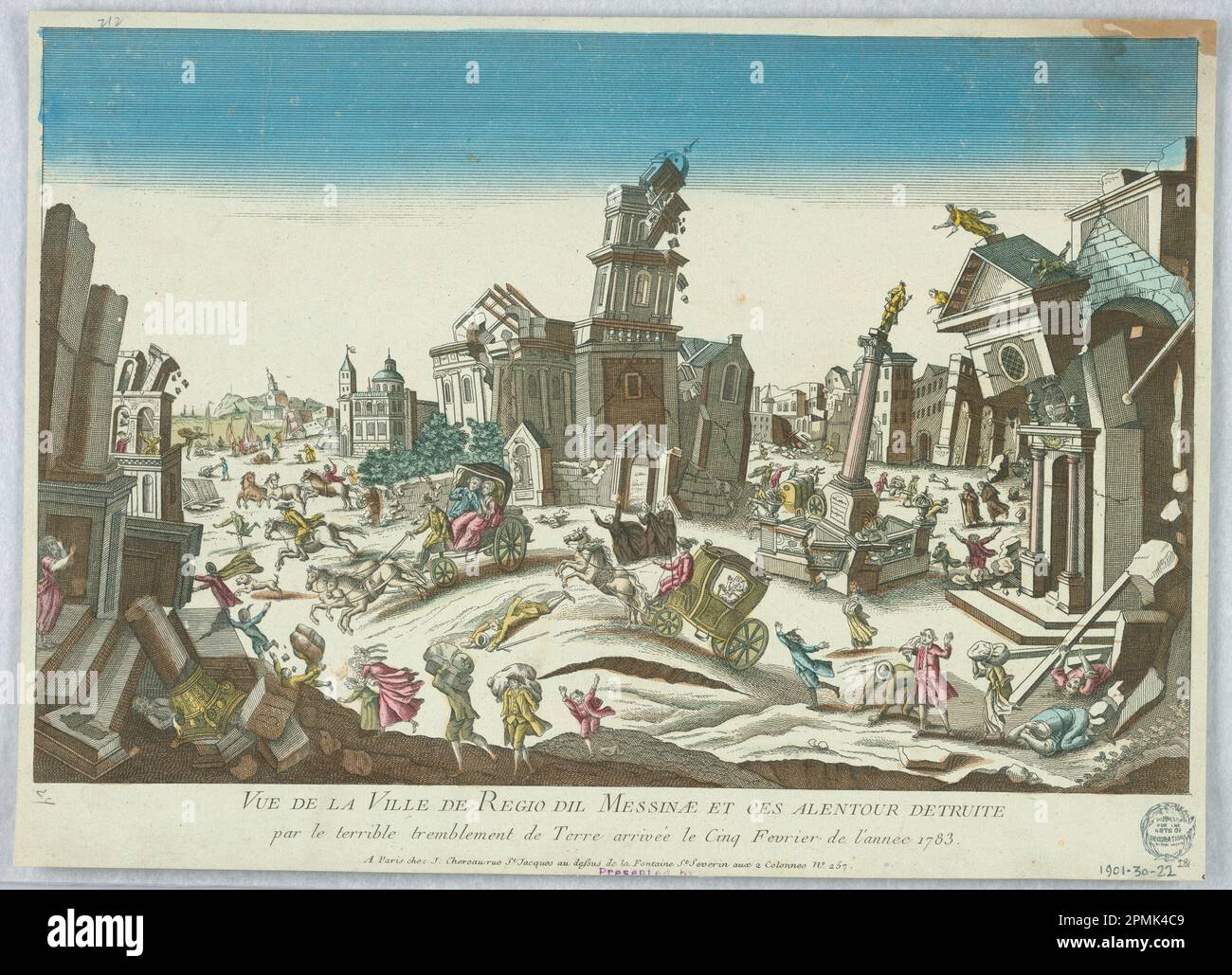 Print, Peep-Show, Reggio di Calabria Destroyed by Earthquake, 5. Februar 1783; Veröffentlicht von Jacques-Francois Chéreau (Frankreich, 1742-1794); Frankreich; handgefärbte Ätzung auf weißem Laienpapier, auf braunem gewebtem Papier gelegt; 28,9 x 39,5 cm (11 3/8 x 15 9/16 Zoll) Stockfoto