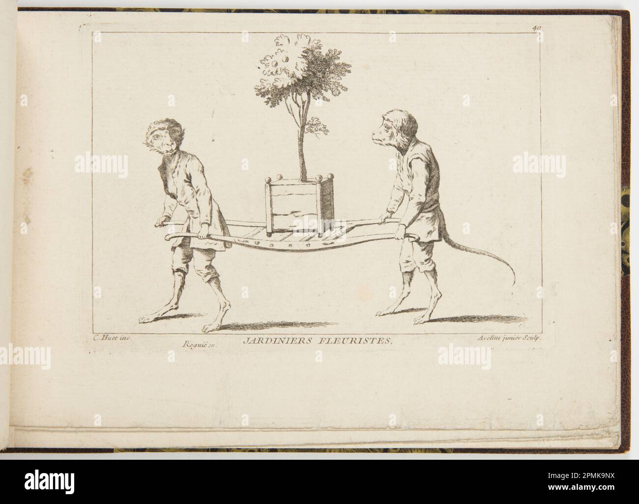 Bound Print, JARDINIERS FLEURISTES; entworfen von Christophe Huet (Französisch, 1700–1759); Printhersteller: Pierre-Alexandre Aveline (Französisch, 1702–1760); Veröffentlicht von Vanheck, Pierre Roguié (Französisch, 1713–17??); Frankreich; Ätzen und Gravieren auf Laienpapier; Platemark: 11,4 x 16,9 cm (4 1/2 x 6 5/8 Zoll) Blatt: 15,7 x 23,1 cm (6 3/16 x 9 1/8 Zoll) Stockfoto