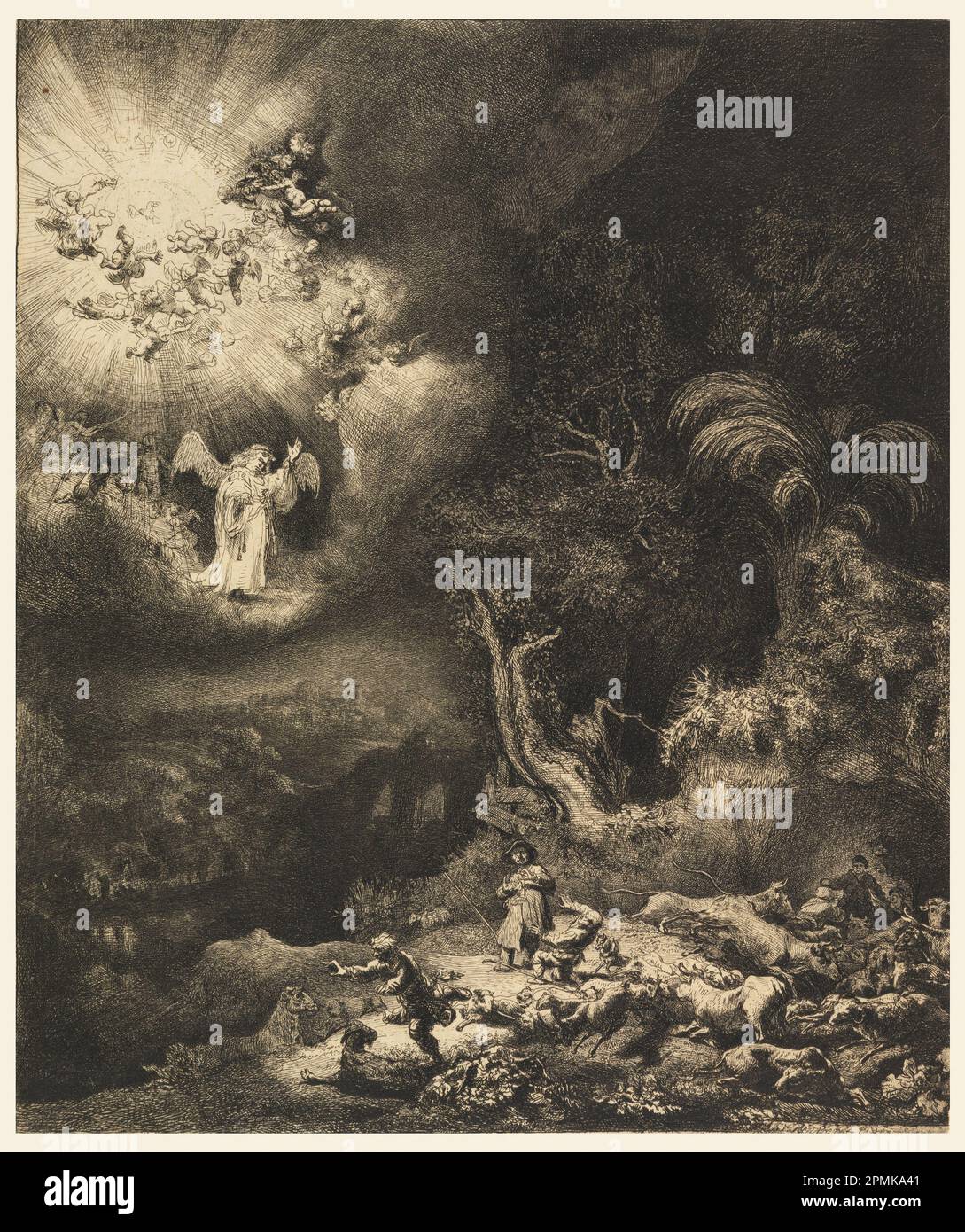 Print, The Angel Appearing to the Shepherds; Rembrandt Harmensz van Rijn (Niederländisch, 1606–1669); Niederlande; Ätzen auf Laienpapier; 26,3 x 22 cm (10 3/8 x 8 11/16 Zoll); Bequest von George Campbell Cooper; 1896–3-150 Stockfoto