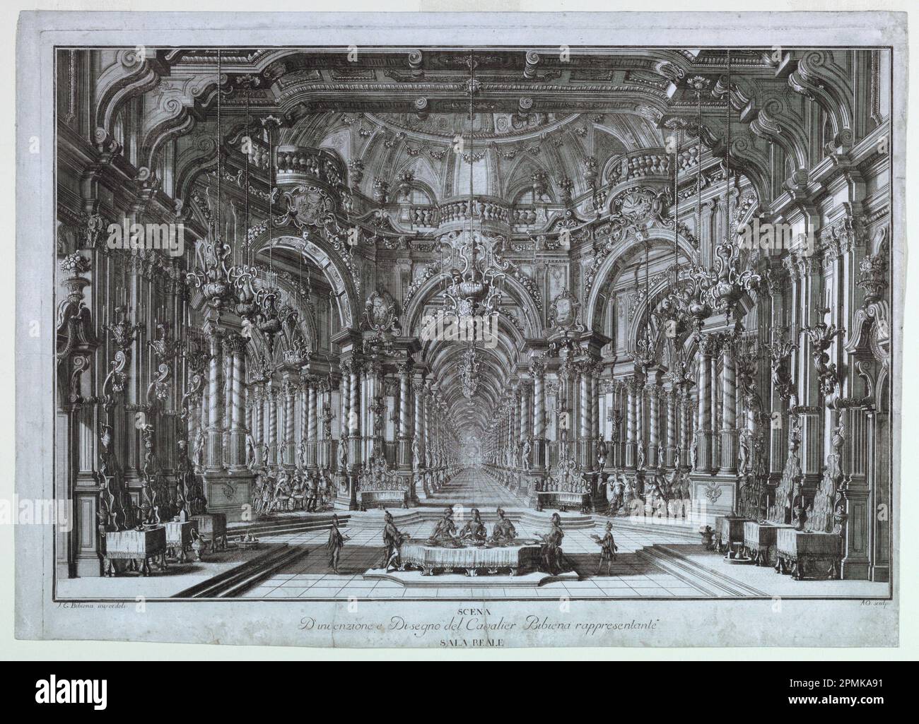 Print, Bühnendesign: Ein Bankettsaal; entworfen von Giuseppe Galli Bibiena (Italienisch, 1696–1756); graviert von Anton Ospel (1677–1756); Deutschland; Gravur auf cremefarbenem Papier; 1955–15-15 Stockfoto