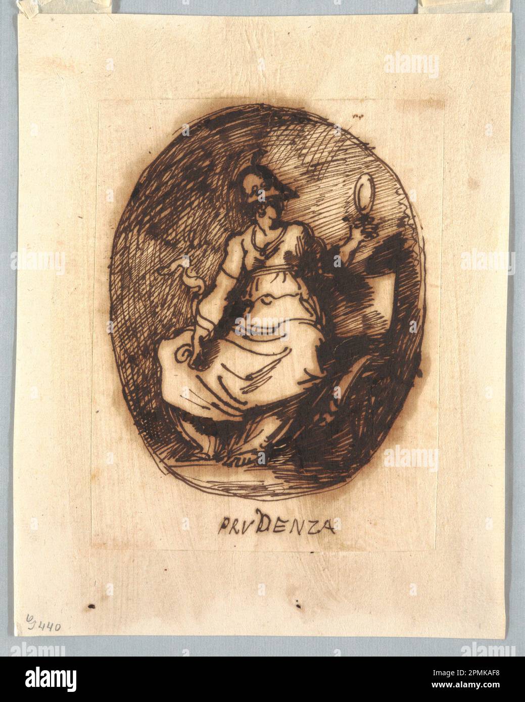 Zeichnen, Dekorationsprojekt mit Prudence in Oval; entworfen von Felice Giani (Italienisch, 1758–1823); Italien; Stift und braune Tinte auf cremefarbenem Papier; 18,4 x 14,2 cm (7 1/4 x 5 9/16 Zoll) Stockfoto