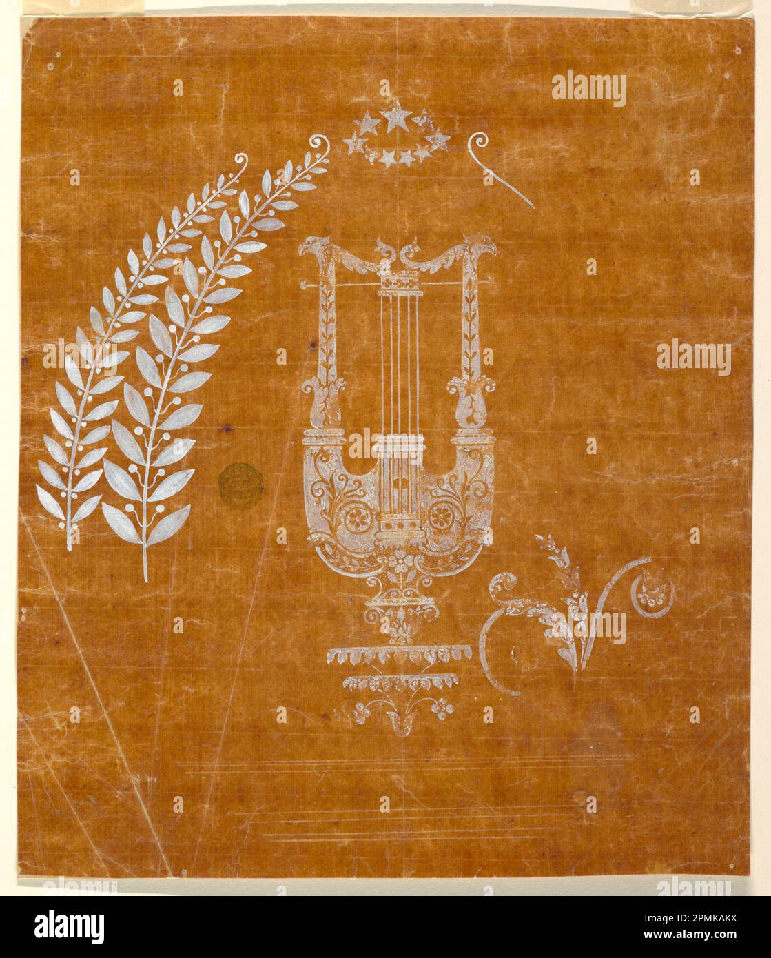 Zeichnen, Design for a Woven Fabric of the „Fabrique de St. Ruf'; entworfen von Fabrique de Saint Ruf; Frankreich; Bürste und weißer Gouache, Schnittlinien auf glasiertem Plättchenpapier; 35,7 x 30,4 cm (14 1/16 x 11 15/16 Zoll) Stockfoto