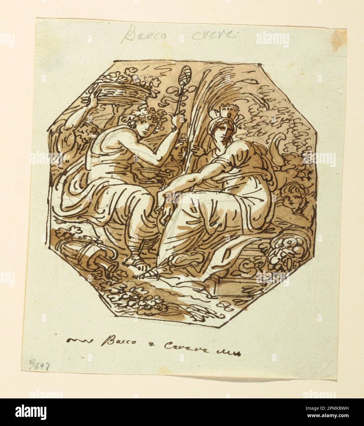 Zeichnung, Bacchus und Ceres; Felice Giani (Italienisch, 1758–1823); Italien; Stift und braune Tinte, Bürste und braune Waschmaschine, über Graphitträger: Cremefarbenes gewebtes Papier; 21,3 x 19,5 cm (8 3/8 x 7 11/16 Zoll) 8 7/16 x 7 11/16 Zoll Stockfoto