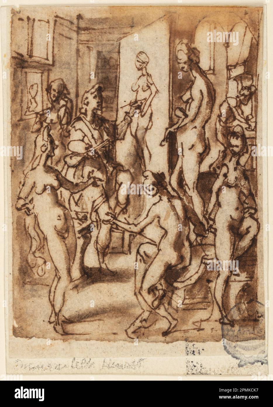 Zeichnung, Zeuxis Malerei Helen; Jan van der Straet, genannt Stradanus (Flämisch, 1523–1605); Niederlande; Stift und braune Tinte, Pinsel und hellbraune Wäsche auf Papier; 10 x 7,5 cm (3 15/16 x 2 15/16 Zoll) Stockfoto