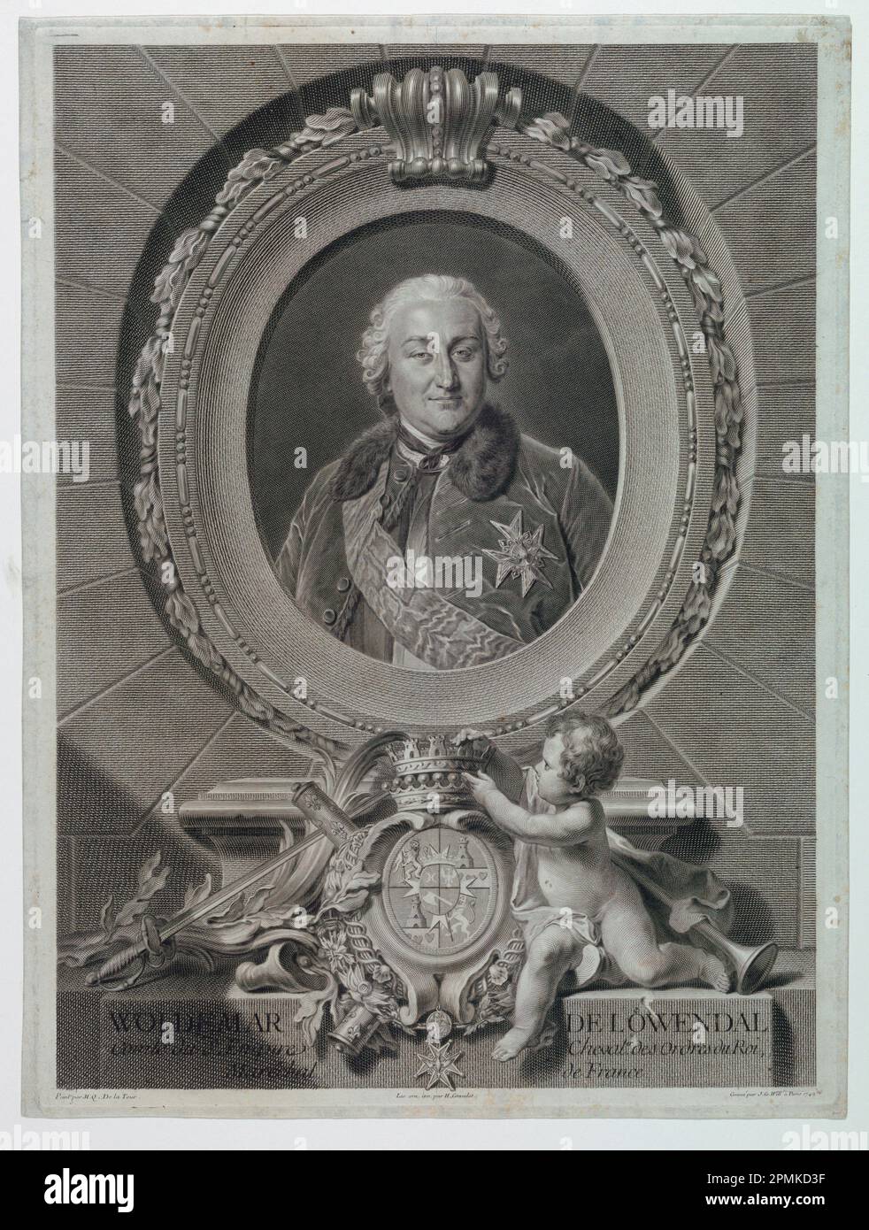 Print, Porträt von Field Marshal Count Waldemar de Loewendal (1700-1755), 1749; entworfen von Hubert-Francois Gravelot (Frankreich, aktives England, 1699-1773); Print Maker: Johann Georg Wille (Deutschland, aktives Frankreich 1715-1808); nach Maurice Quentin de Latour (1704-1788); Frankreich; Gravur auf Papier; Platte: 46,9 x 34,7 cm (18 7/16 x 13 11/16 Zoll) Papier: 48 x 36 cm (18 7/8 x 14 3/16 Zoll); Bequest of George Campbell Cooper; 1896-3-242 Stockfoto