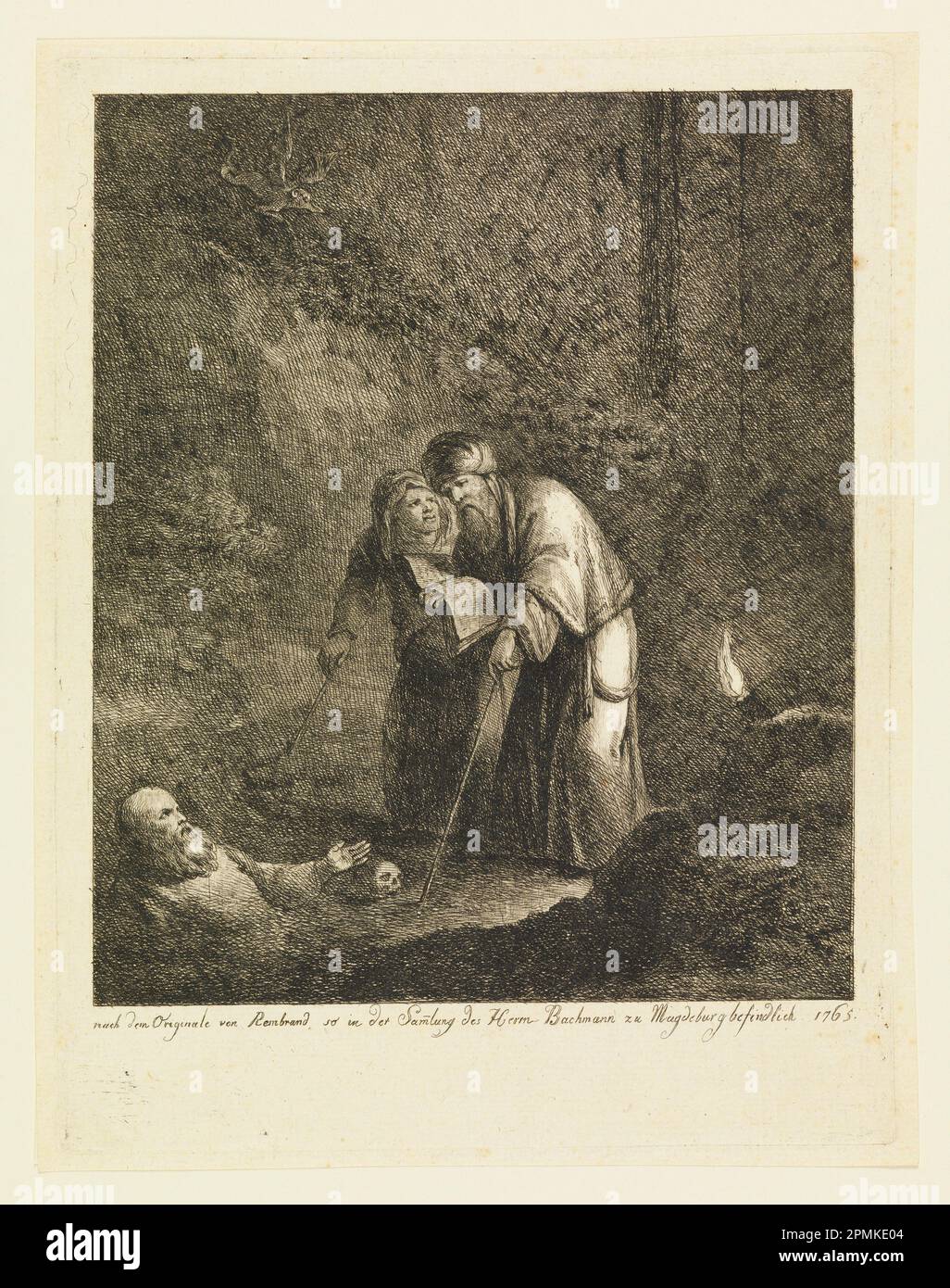 Print, The Discovery of a Gried man; After Rembrandt Harmensz van Rijn (Niederländisch, 1606–1669); Niederlande; Ätzen auf weißem Papier; Blatt: 29 x 23,5 cm (11 7/16 x 9 1/4 Zoll) Platemark: 28 x 21,4 cm (11 Zoll X 8 7/16 Zoll); 1957-41-108 Stockfoto