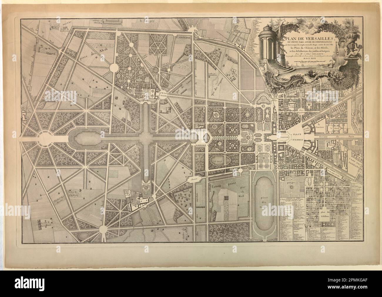 Print, Plan of the Gardens at Versailles; Deutschland; Gravur auf Papier; Platte: 61,5 x 93,5 cm (24 3/16 x 36 13/16 Zoll) Papier: 70,5 x 100,5 cm (27 3/4 x 39 9/16 Zoll) Stockfoto