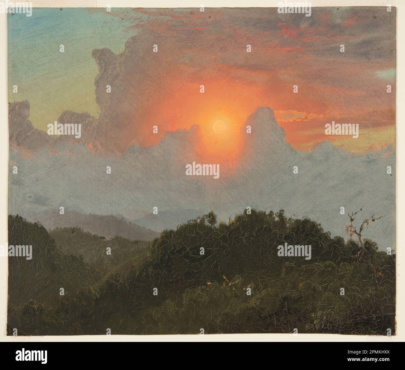 Zeichnen, Wolken und Sonnenuntergang, Jamaika; Frederic Edwin Church (amerikanisch, 1826–1900); USA; Pinsel- und Ölfarbe, Graphitspuren auf dünner Pappe; 25,7 x 30,5 cm (10 1/8 x 12 Zoll) Stockfoto