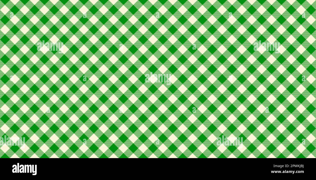 Nahtloses diagonales Gingham-Muster. Grün-weiß schräg geneigter vichy-Käfig-Hintergrund. Karierte Tapete aus Tweed, die sich wiederholt. Texturdesign. Vektor Stock Vektor