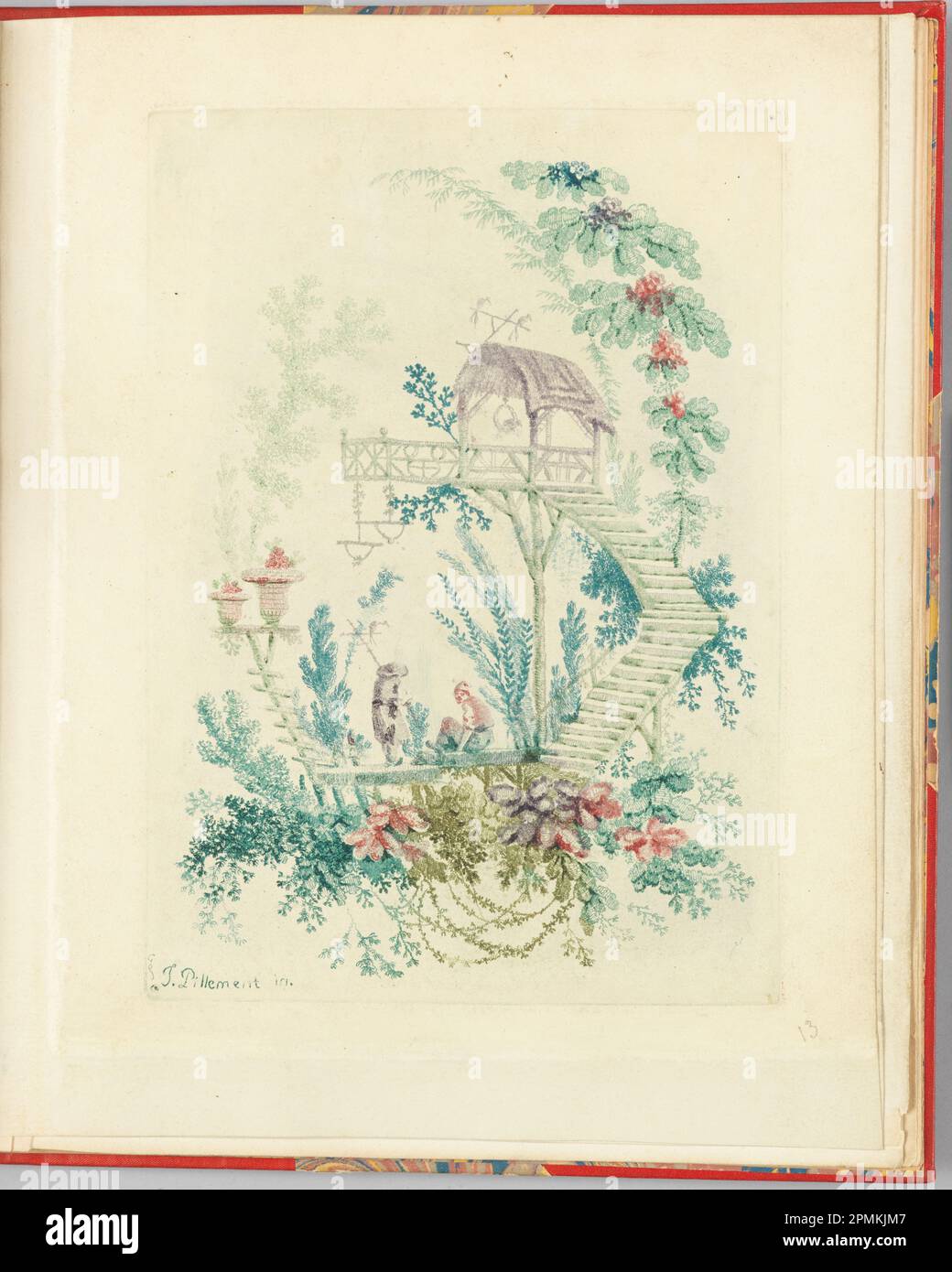 Print, Zierdesign von „Nouvelle Suite de cahiers chinois a l'usage des dessinateurs et des peintres“ Nr. 3, Inventes et dessines par Jean Pillement. Graves par Anne Allen.; entworfen von Jean-Baptiste Pillement (Französisch, 1728-1808); geätzt von Anne Allen (Englisch, aktives Frankreich, ca. 1750–1810); Frankreich; Ätzen mit farbigen Tinten à la poupé auf cremefarbenem Papier; I19,5 x 14 cm (7 11/16 x 5 1/2 Zoll) Platemark: 19,5 x 14 cm (7 11/16 x 5 1/2 Zoll) 23 x 17,8 cm (9 1/16 x 7 Zoll) Halterung: 24,7 x 19,7 cm (9 3/4 x 7 3/4 Zoll) Stockfoto