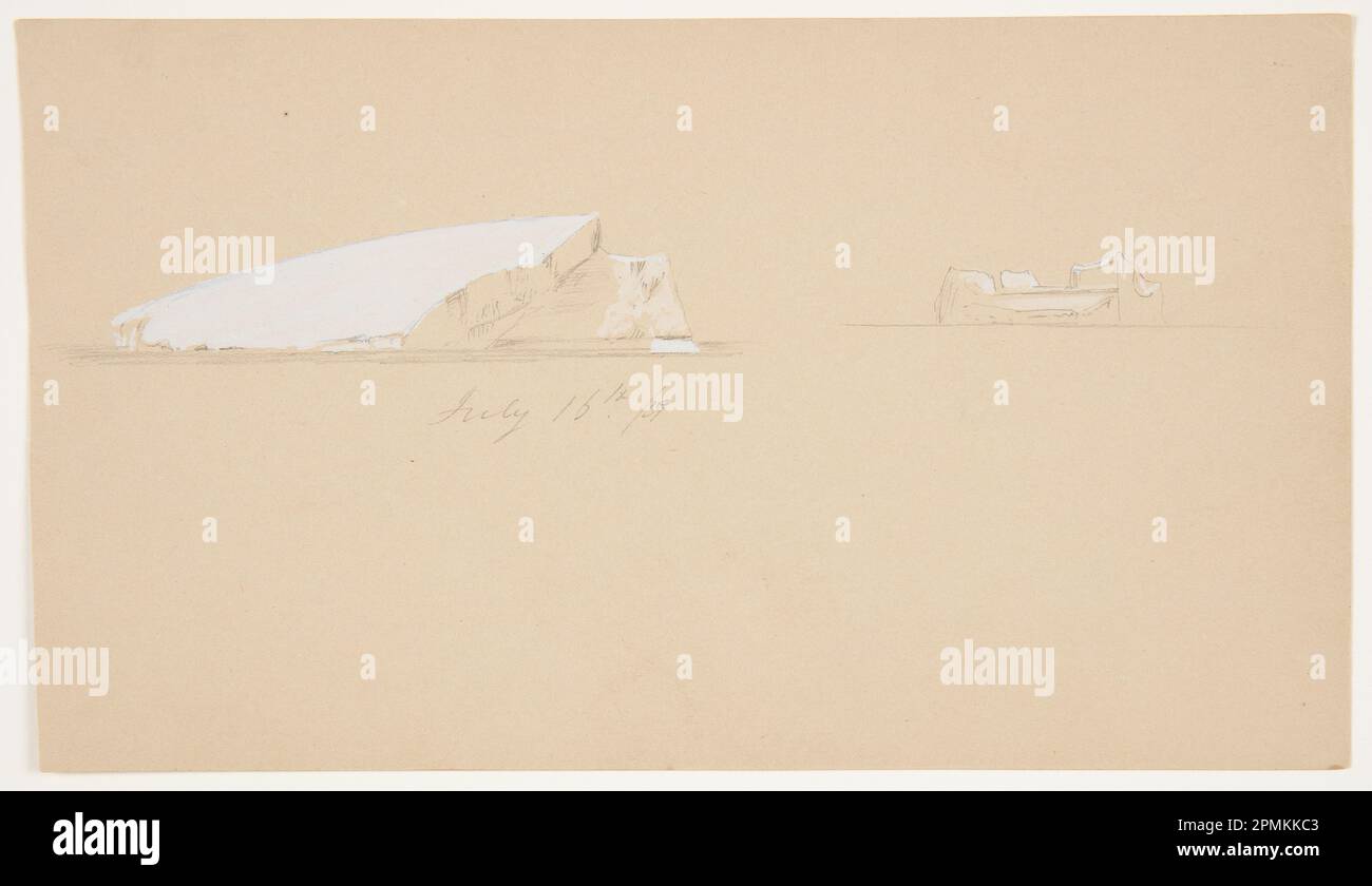 Zeichnen, schwimmende Eisberge; Frederic Edwin Church (amerikanisch, 1826–1900); USA; Graphit, Pinsel und weißer Rieselbart auf hellbraunem Papier; 11,5 x 20,3 cm (4 1/2 x 8 Zoll) Stockfoto