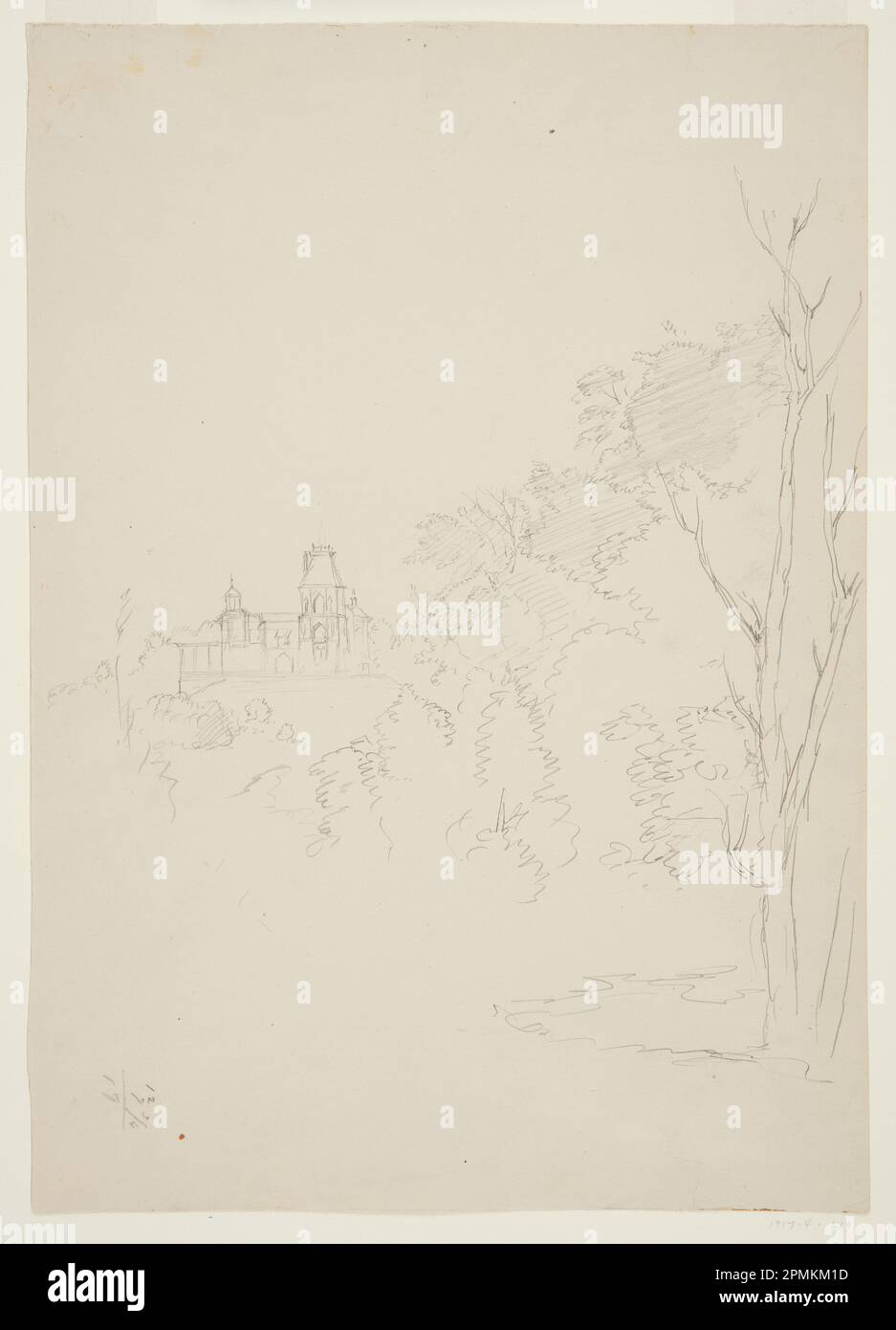 Zeichnung, View of eriva, The Artist's Home, Hudson, New York; Frederic Edwin Church (amerikanisch, 1826–1900); USA; Graphit auf weißem Papier; 35,3 x 24,9 cm (13 7/8 x 9 13/16 Zoll) Stockfoto