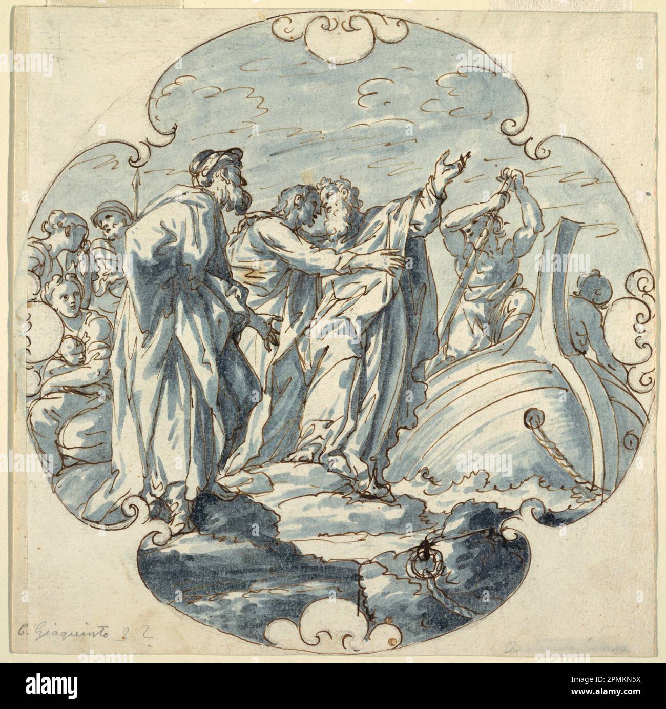 Zeichnung, Two Saints; zugeordnet zu Corrado Giaquinto (Italienisch, 1703 - 1765); Italien; Stift und braune Tinte, Bürste und blaues Waschen auf cremefarbenem Papier; 28,5 x 28,3 cm (11 1/4 x 11 1/8 Zoll) Stockfoto